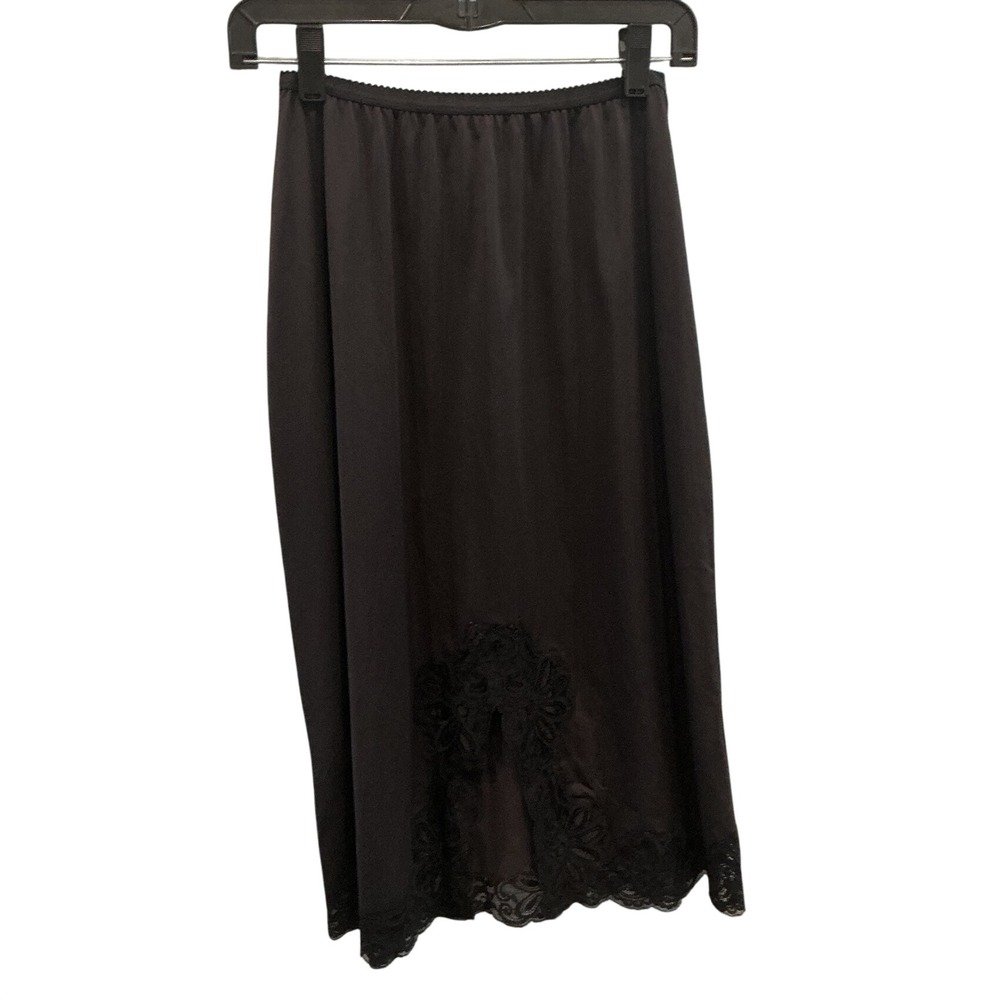 Vintage Shadowline Womens Satin Nylon Half Slip Skirt M Black Lace Trim Coquette